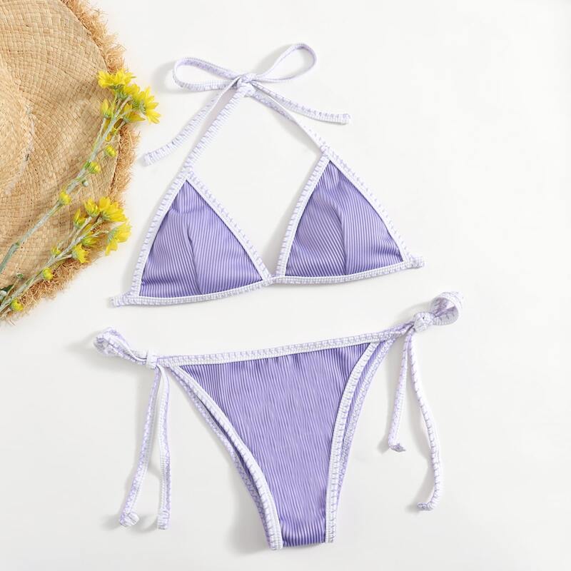 

Contrast Binding Triangle Tie Side Bikini Swimsuit, Purple