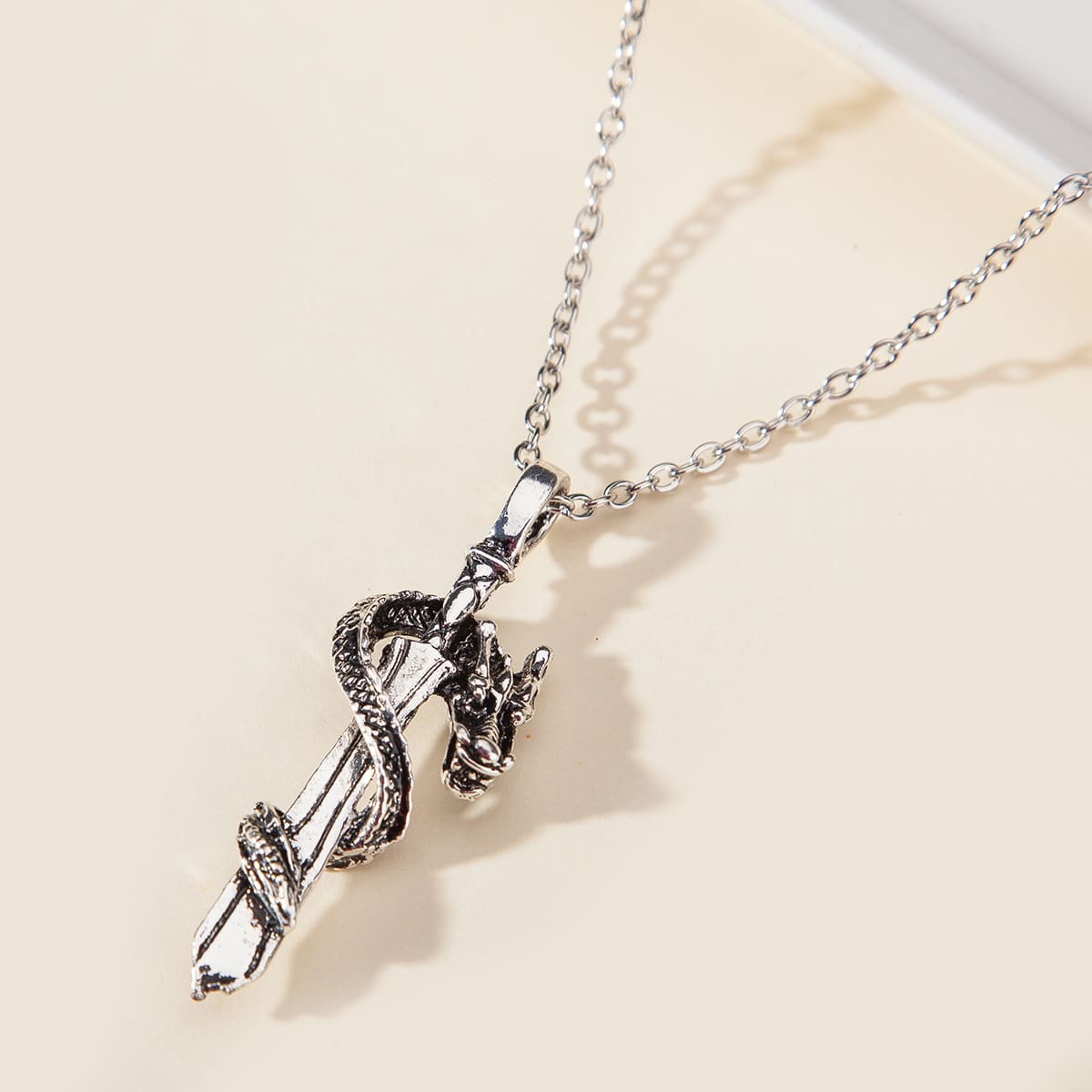 

Guys Dragon Pendant Chain Necklace, Silver