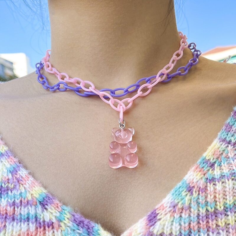 

Bear Charm Layered Chain Necklace, Multicolor