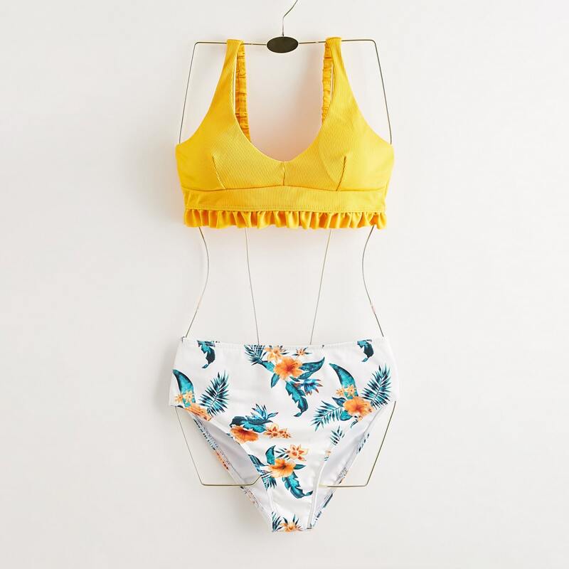 

Frill Flower Print High Waist Bikini Swimsuit, Multicolor
