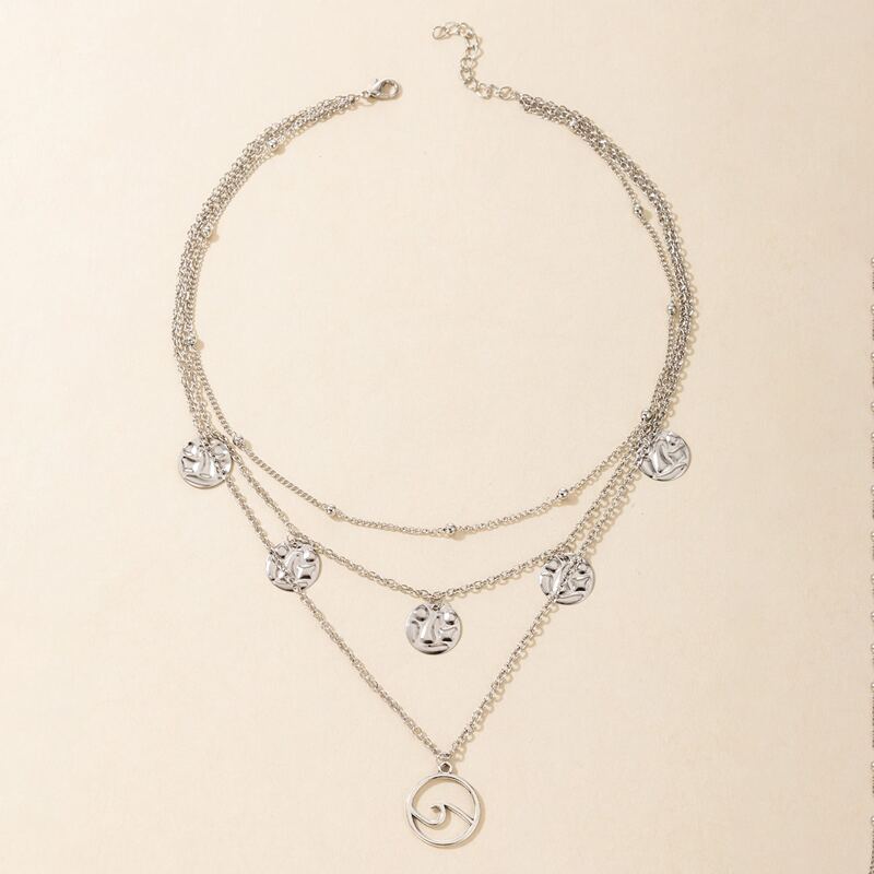 

Disc & Wave Design Layered Necklace, Silver
