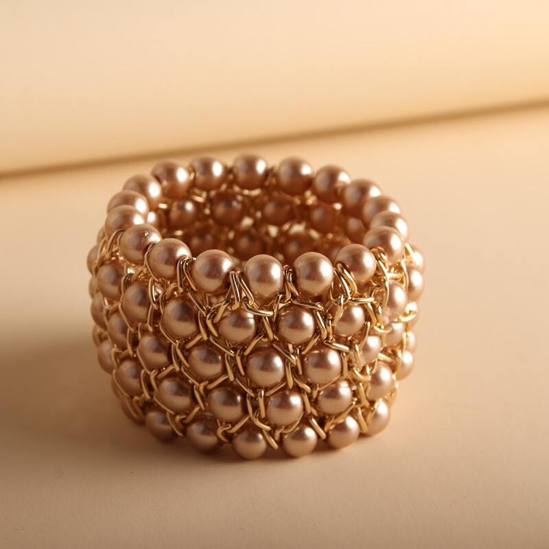 

Faux Pearl Beaded Wide Bracelet, Apricot