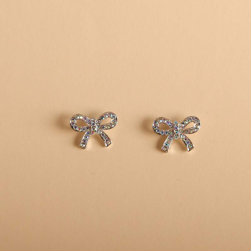 

1pair Rhinestone Bow Stud Earrings, Silver