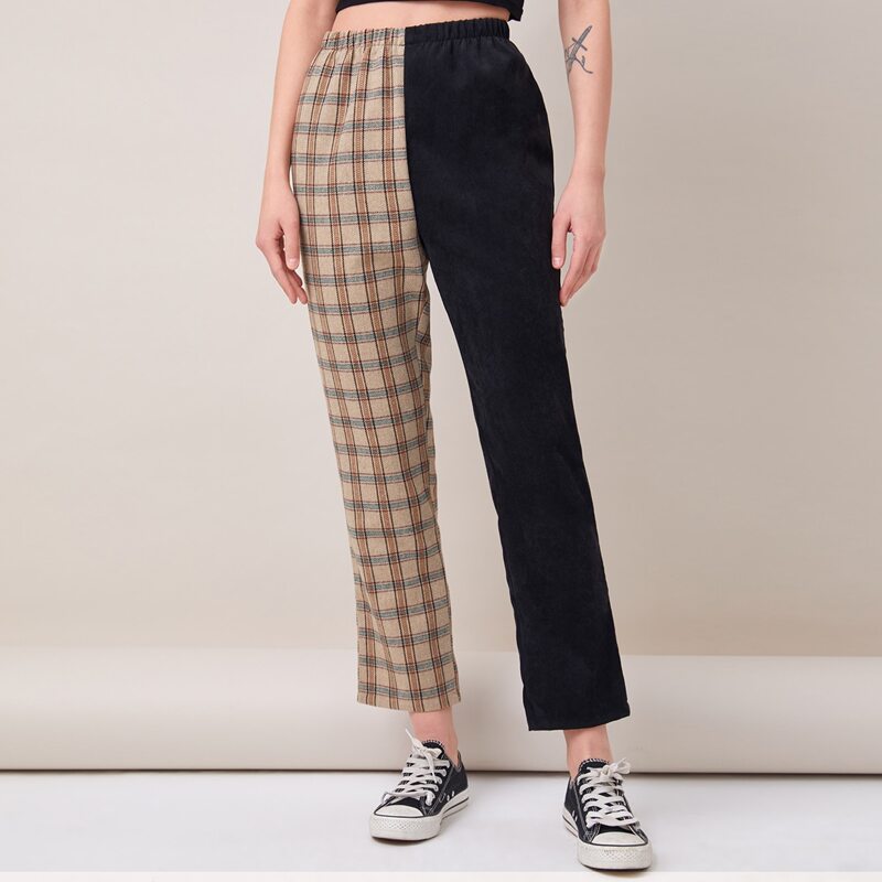 

Contrast Plaid Corduroy Pants, Multicolor