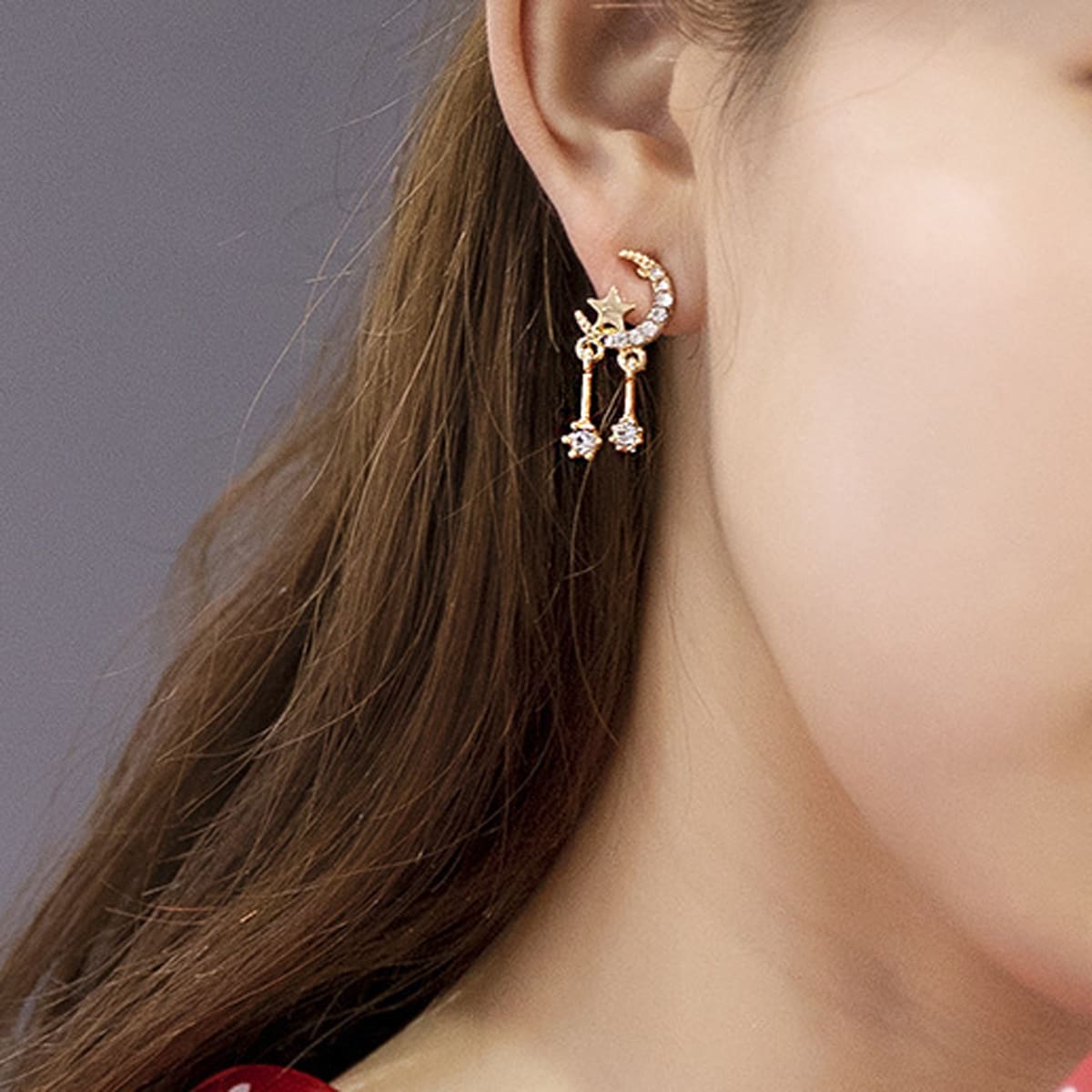

1pair Rhinestone Star & Moon Drop Earrings, Gold