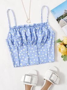 SHEIN EZwear Cottagecore Cami ngọn Nếp gấp Phần Ngực Lá sen tỉa Vải in hoa - Màu xanh nhạt - Xem 1