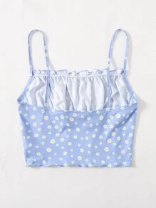 SHEIN EZwear Cottagecore Cami ngọn Nếp gấp Phần Ngực Lá sen tỉa Vải in hoa - Màu xanh nhạt - Xem 2