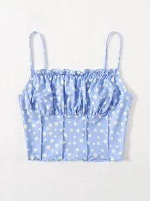 SHEIN EZwear Cottagecore Cami ngọn Nếp gấp Phần Ngực Lá sen tỉa Vải in hoa - Màu xanh nhạt - Xem 3