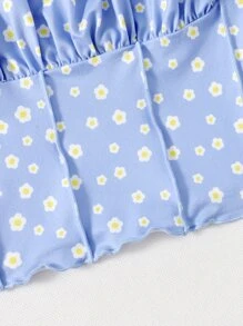 SHEIN EZwear Cottagecore Cami ngọn Nếp gấp Phần Ngực Lá sen tỉa Vải in hoa - Màu xanh nhạt - Xem 4