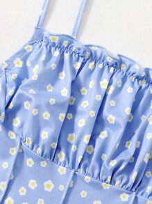 SHEIN EZwear Cottagecore Cami ngọn Nếp gấp Phần Ngực Lá sen tỉa Vải in hoa - Màu xanh nhạt - Xem 5