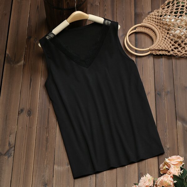 

Plus Contrast Lace Tank Top, Black