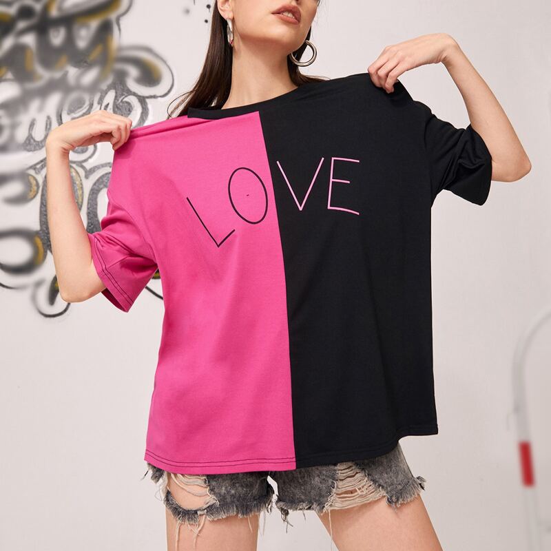 

Two Tone Letter Graphic Oversized Tee, Multicolor