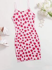 SHEIN EZwear 草莓圖案生菜邊吊帶洋裝