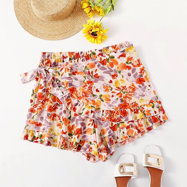 

Plus Allover Floral Ruffle Trim Wrap Shorts, Multicolor