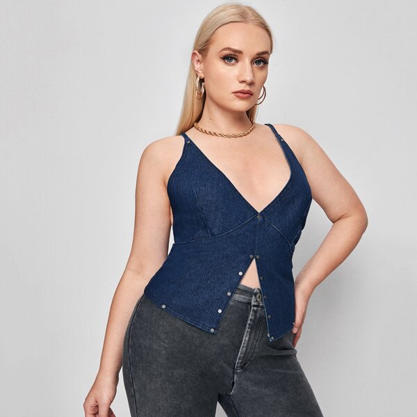 

Plus Crisscross Lace Up Back Split Hem Denim Top, Dark wash