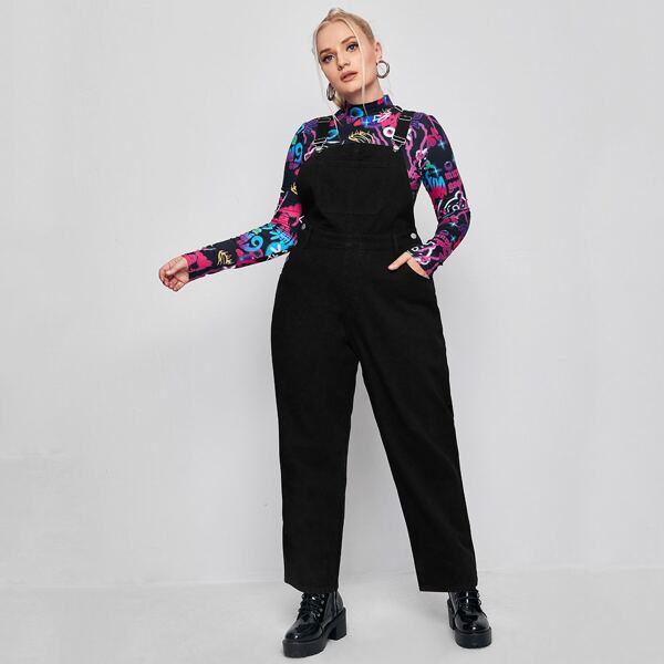 

Plus Button Detail Denim Overalls Without Tee, Black