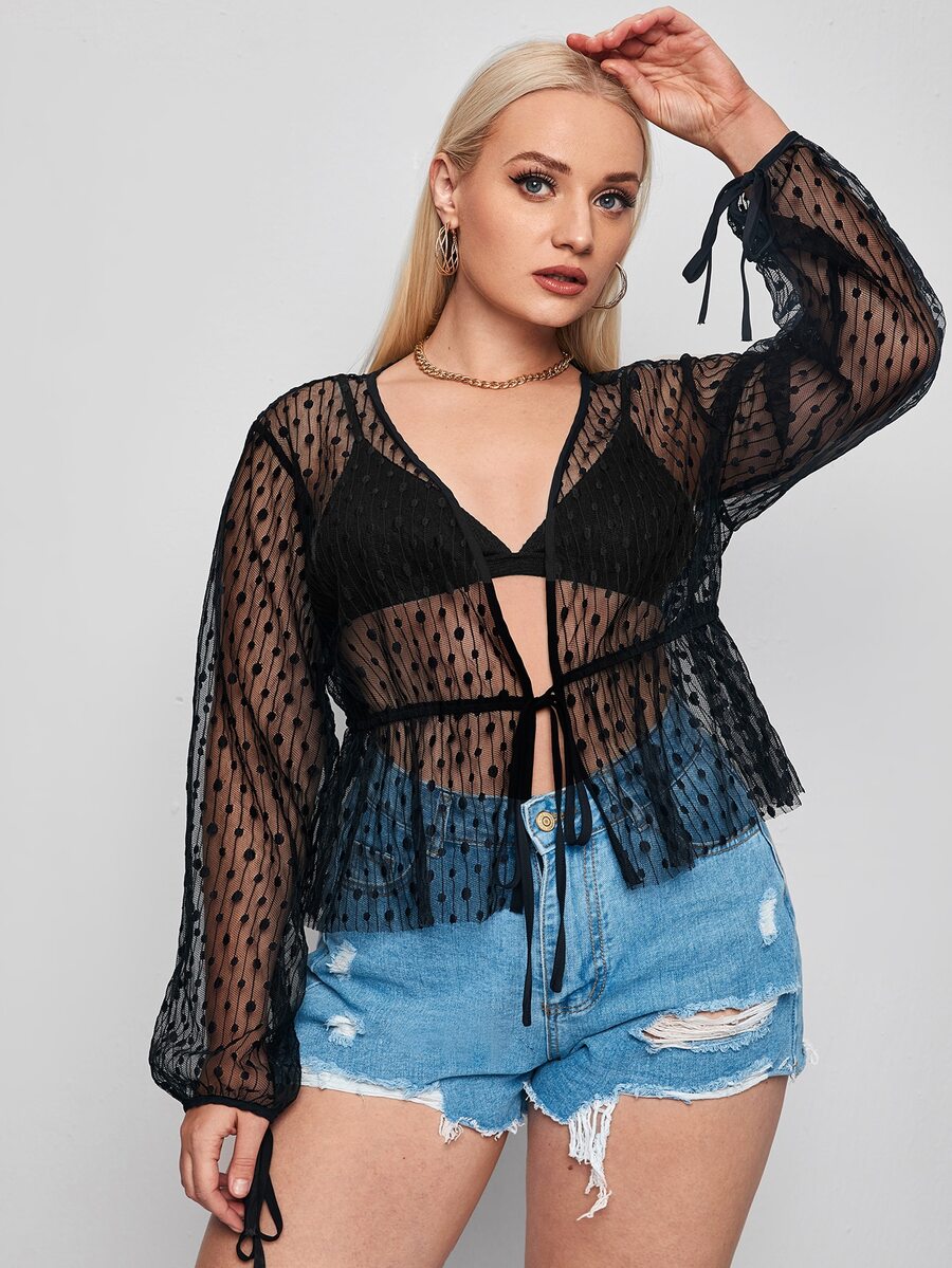 Plus Dobby Mesh Tie Front Sheer Top Without Bra - Black - View 1