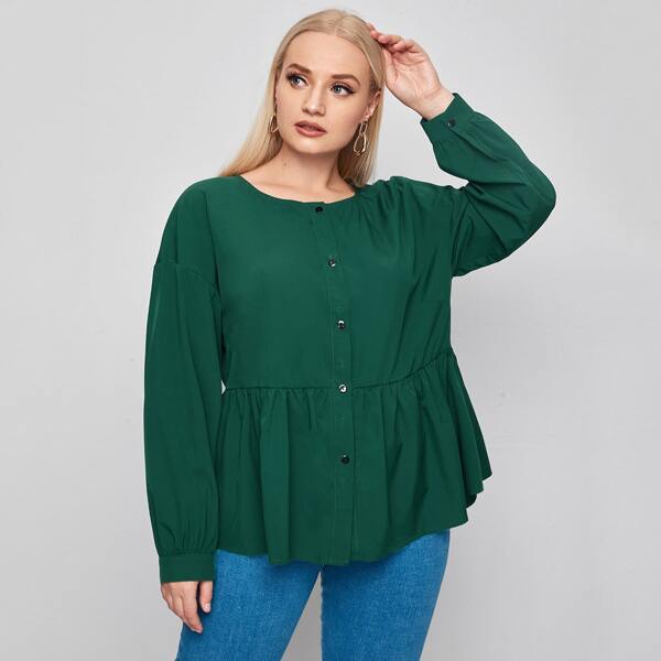 

Plus Drop Shoulder Ruffle Hem Blouse, Dark green