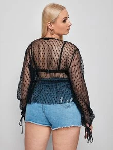Plus Dobby Mesh Tie Front Sheer Top Without Bra - Black - View 2