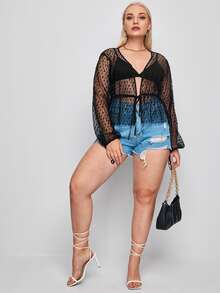 Plus Dobby Mesh Tie Front Sheer Top Without Bra - Black - View 3