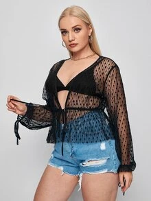 Plus Dobby Mesh Tie Front Sheer Top Without Bra - Black - View 4