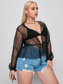 Plus Dobby Mesh Tie Front Sheer Top Without Bra - Black - View 5