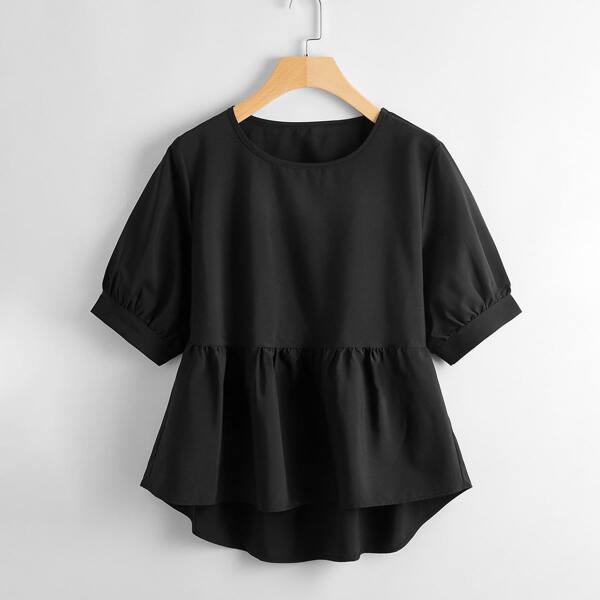 

Plus High Low Hem Peplum Blouse, Black