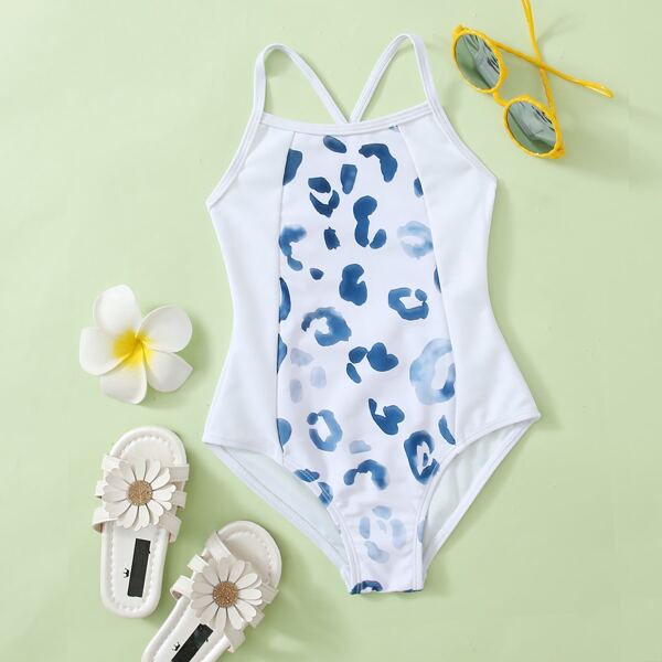 

Toddler Girls Criss Cross One Piece Swimsuit, Blue and white