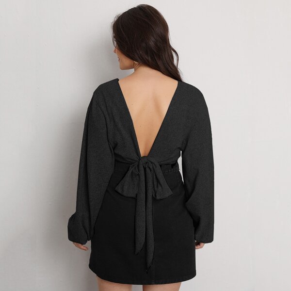 

Plus Tie Backless Lantern Sleeve Tee, Black