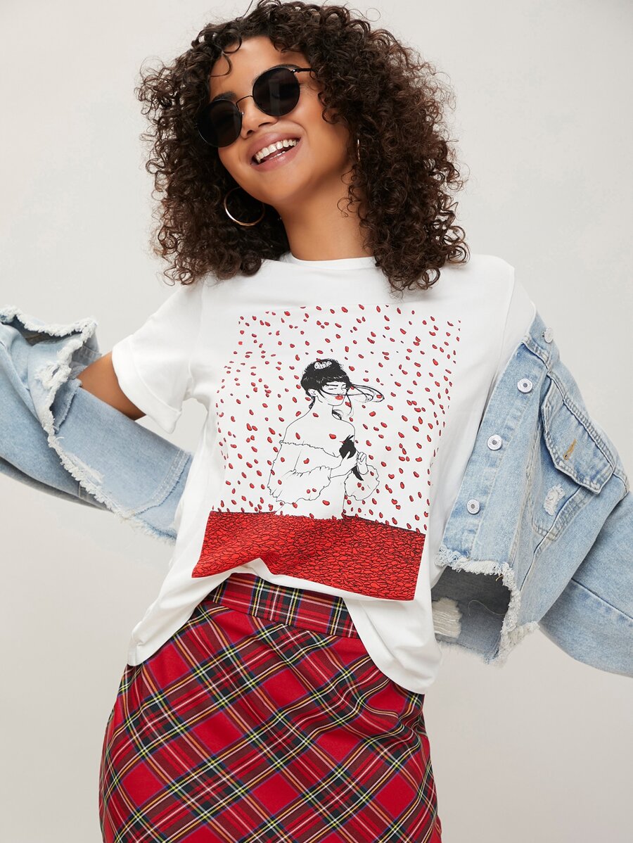 Sivan Karim Rolled Cuff Figure Graphic Tee - Red and White - View 1