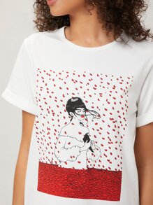 Sivan Karim Rolled Cuff Figure Graphic Tee - Red and White - View 5