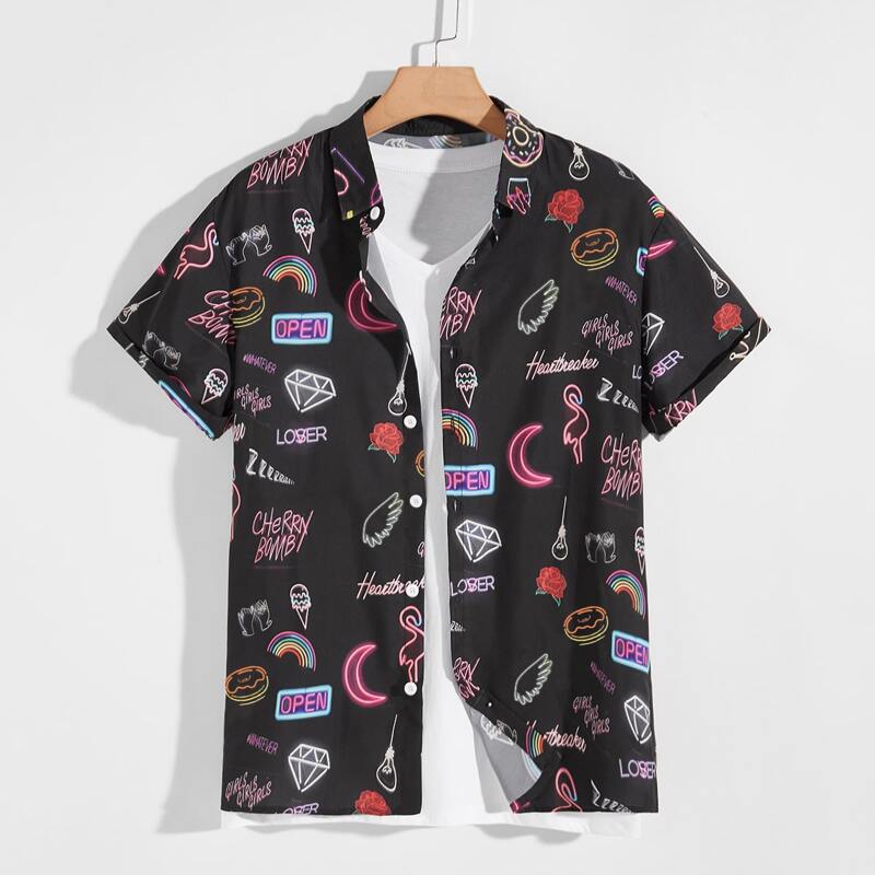 

Guys Letter Graphic Button Through Shirt, Black