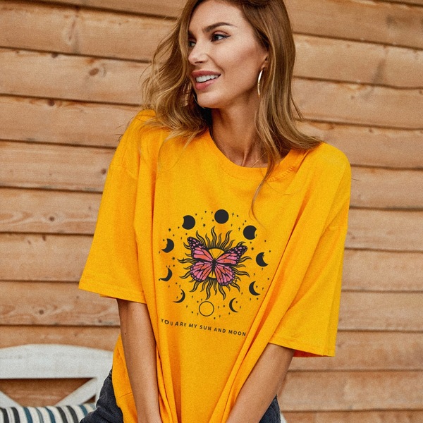 

Drop Shoulder Letter Graphic Oversized Tee, Mustard yellow