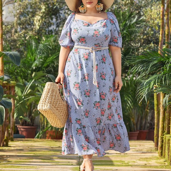 

Plus Floral Print Sweetheart Neck Milkmaid Dress Without Belt, Dusty blue