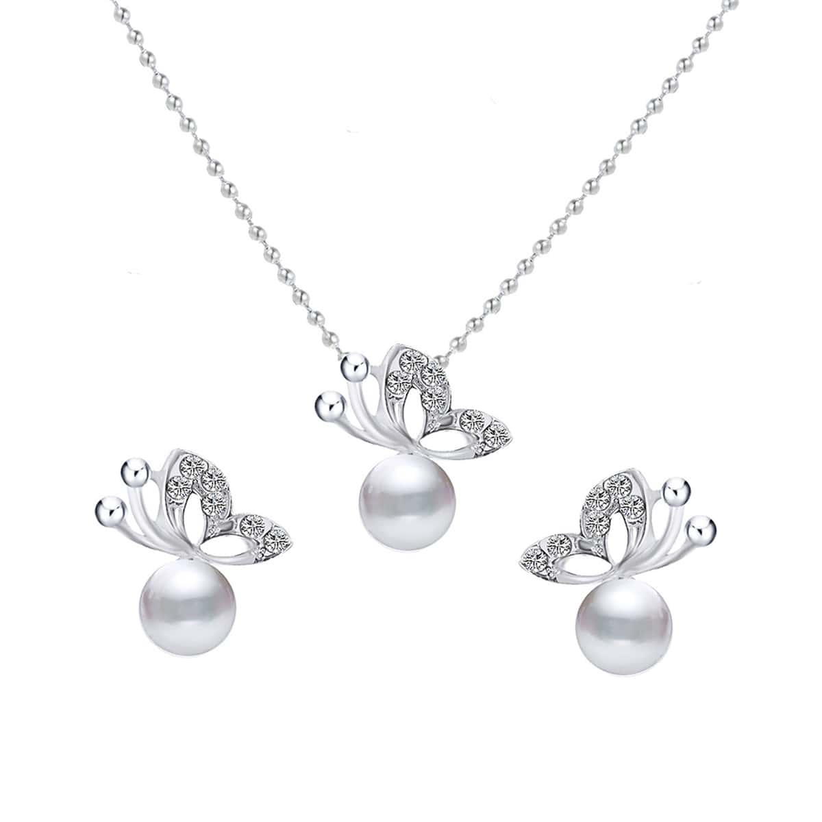 

3pcs Butterfly & Faux Pearl Design Jewelry Set, Silver