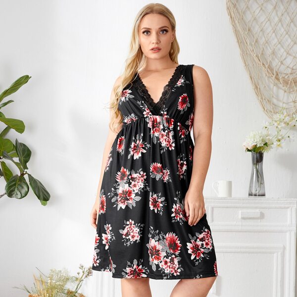 

Plus Floral Print Lace Trimed PJ Set, Multicolor