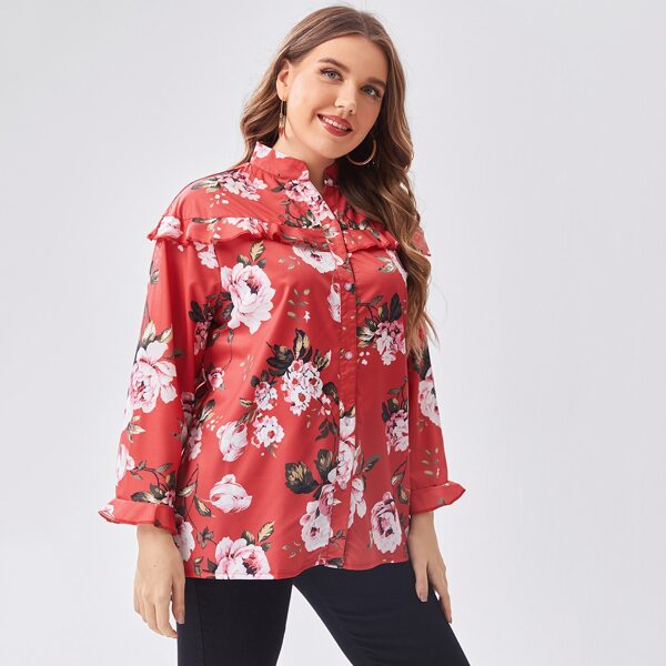 

Plus Floral Print Button Front Blouse, Multicolor