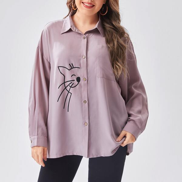 

Plus Cartoon Graphic Button Front Drop Shoulder Blouse, Mauve purple