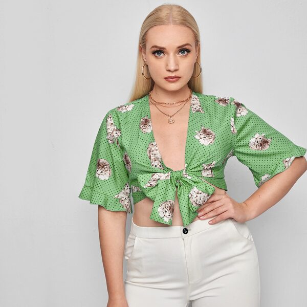 

Plus Polka Dot & Cat Print Tie Front Crop Top, Green