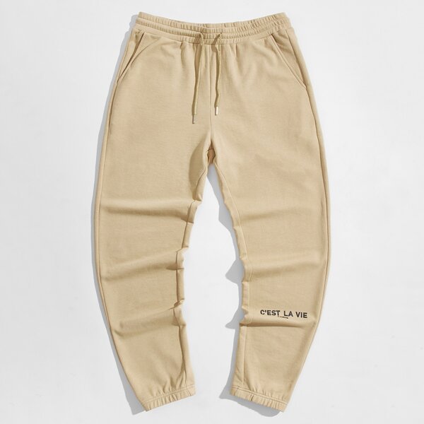 

Men Drawstring Waist Letter Graphic Sweatpants, Khaki