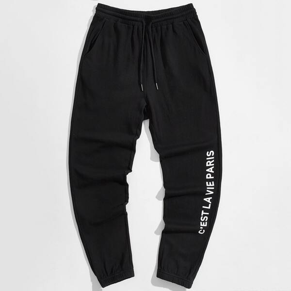 

Men Drawstring Waist Letter Graphic Sweatpants, Black