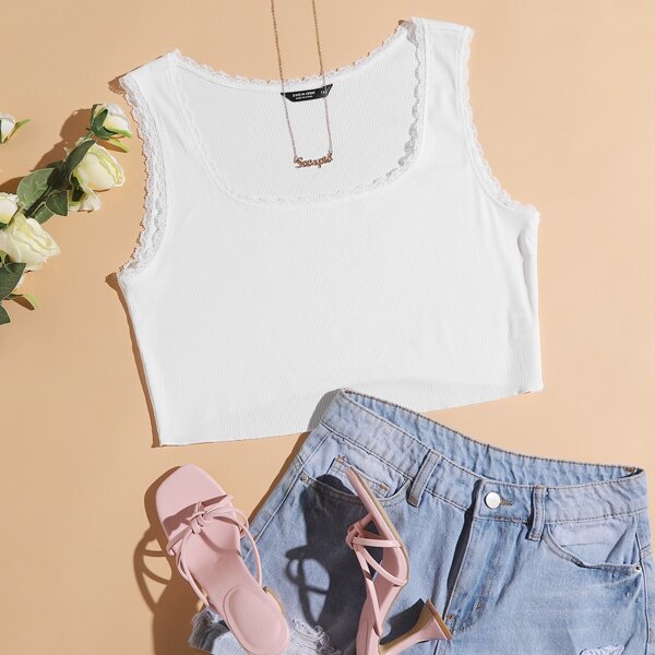 

Plus Contrast Lace Crop Tank Top, White