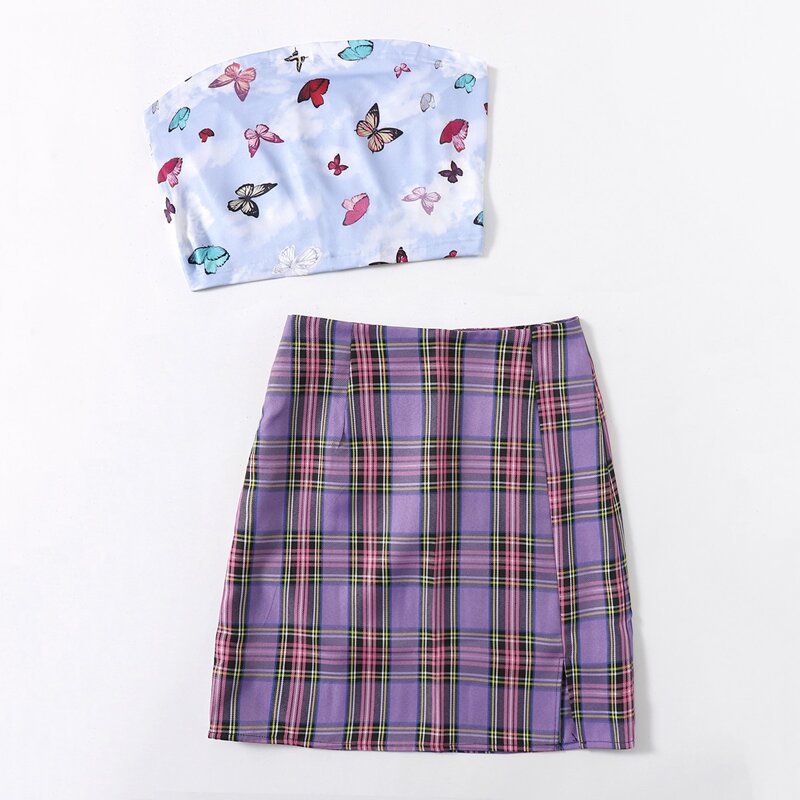 

Butterfly Graphic Crop Tube Top & Tartan Split Skirt, Multicolor