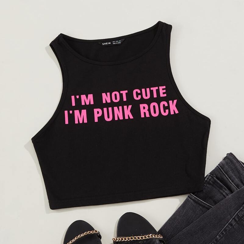 

Slogan Graphic Crop Tank Top, Black