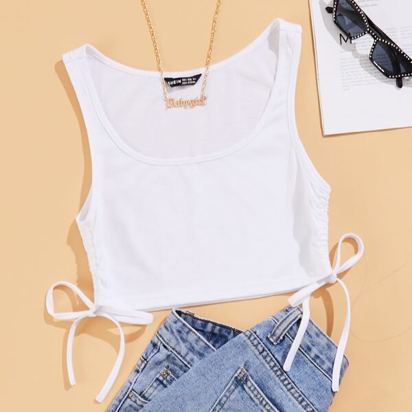 

Drawstring Side Crop Tank Top, White