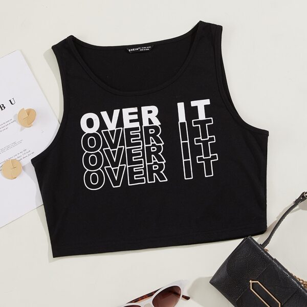 

Slogan Graphic Crop Tank Top, Black