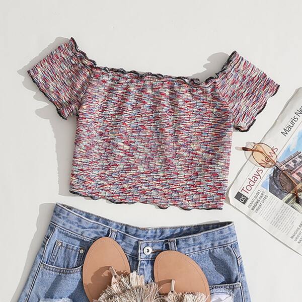 

Off Shoulder Lettuce Trim Flecked Top, Multicolor