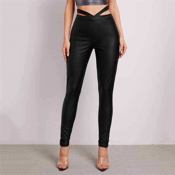 

Criss Cross PU Leather Leggings, Black