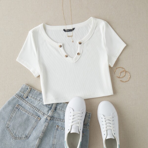 

Notched Neck Crop Tee, White