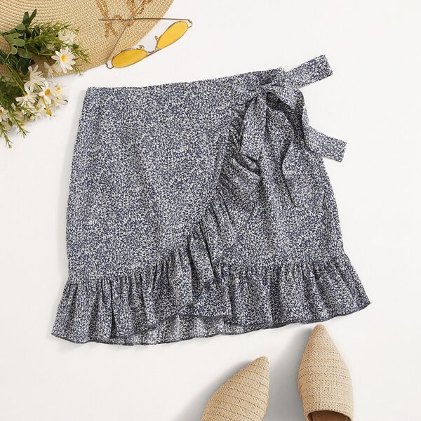 

Allover Print Tie Side Ruffle Wrap Skirt, Blue and white